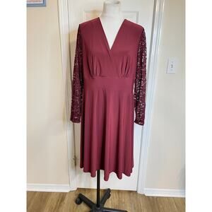 Ashley Graham Beyond Faux Wrap DRESS Womens Size 1X Burgundy Lace Sleeves